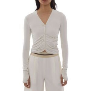 HELMUT LANG Shirt Women's Small Beige Ruched V Neck Button Up Top Longe Sleeve